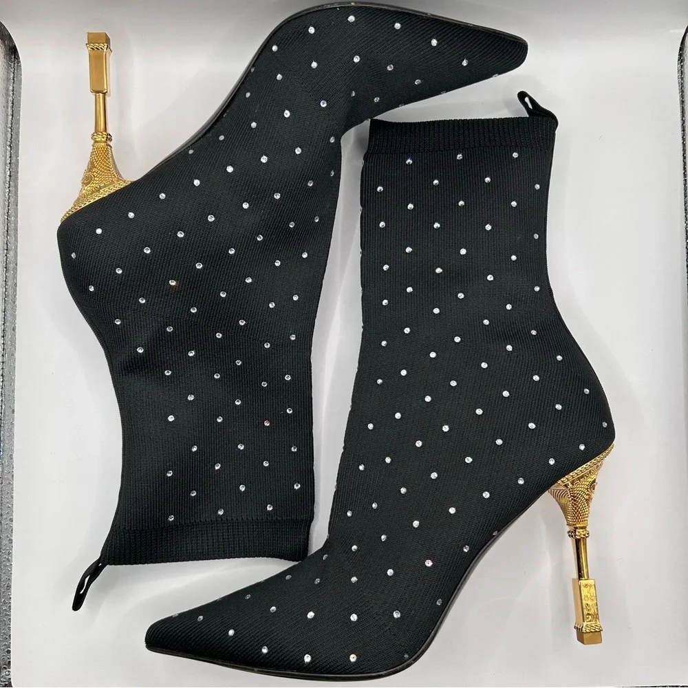 Balmain Black and Gold Moneta Rhinestone Knit Ankle Boots - Picture 6 of 11